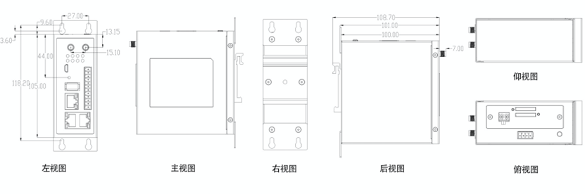 KLD-RG-RTU300X 外形尺寸圖：左視、主視、右視、後視、仰視、俯視六視圖